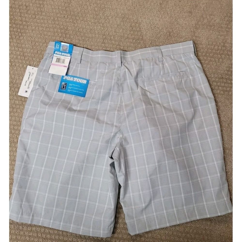PGA Tour Men's Golf Shorts size 38, 9" Inseam Moisture Wicking  Gray Plaid NWT